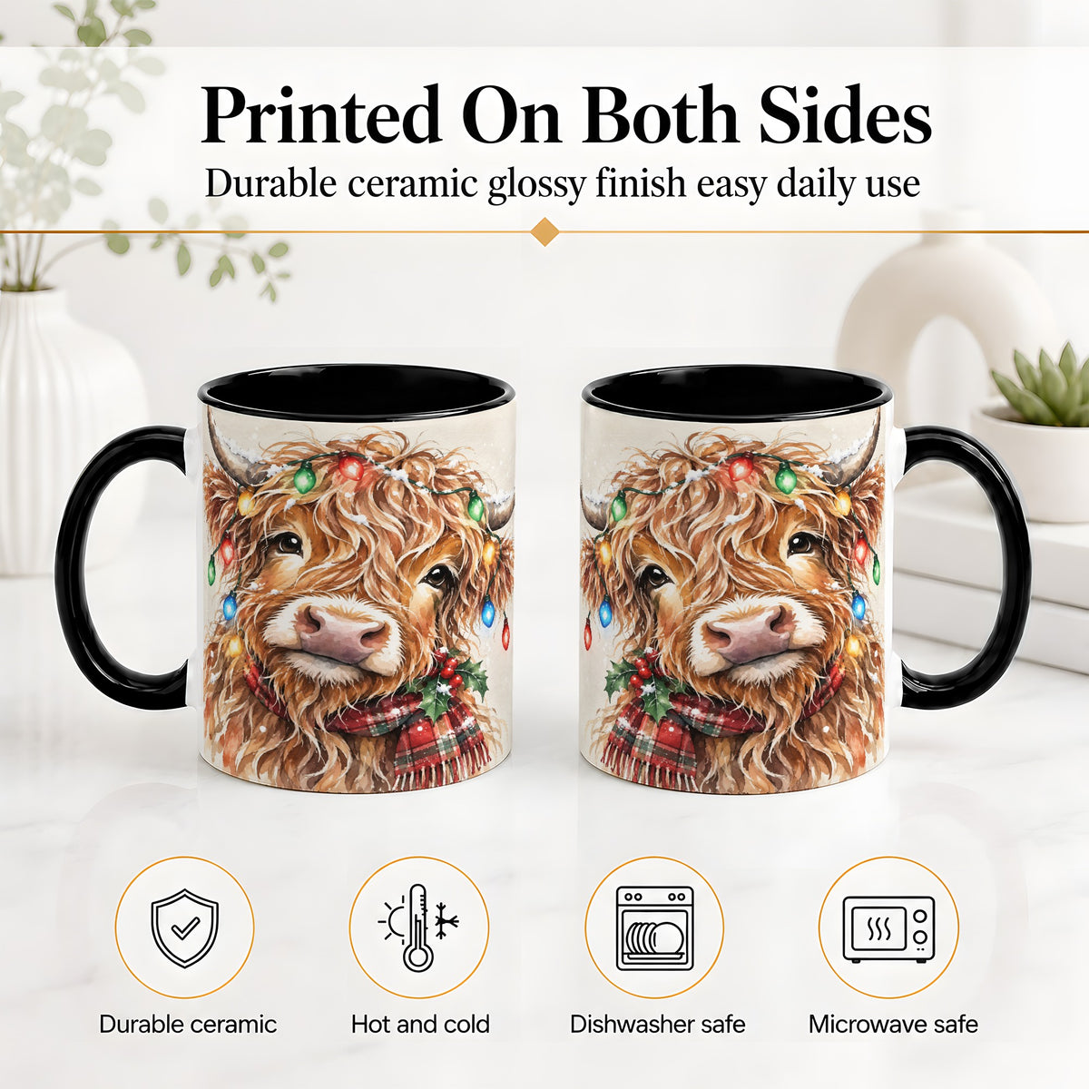 #pl[11oz|Black] Christmas Highland Cow Accent Mug, Watercolor Holiday Art