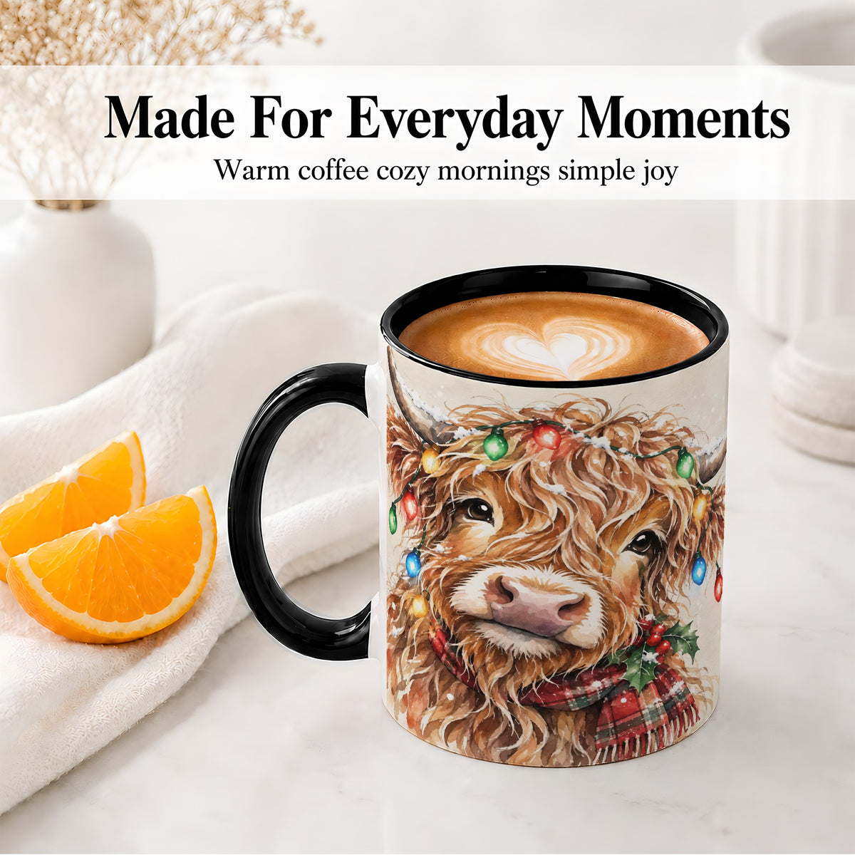 #pl[11oz|Black] Christmas Highland Cow Accent Mug, Watercolor Holiday Art
