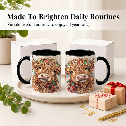 #pl[11oz|Black] Christmas Highland Cow Accent Mug, Watercolor Holiday Art