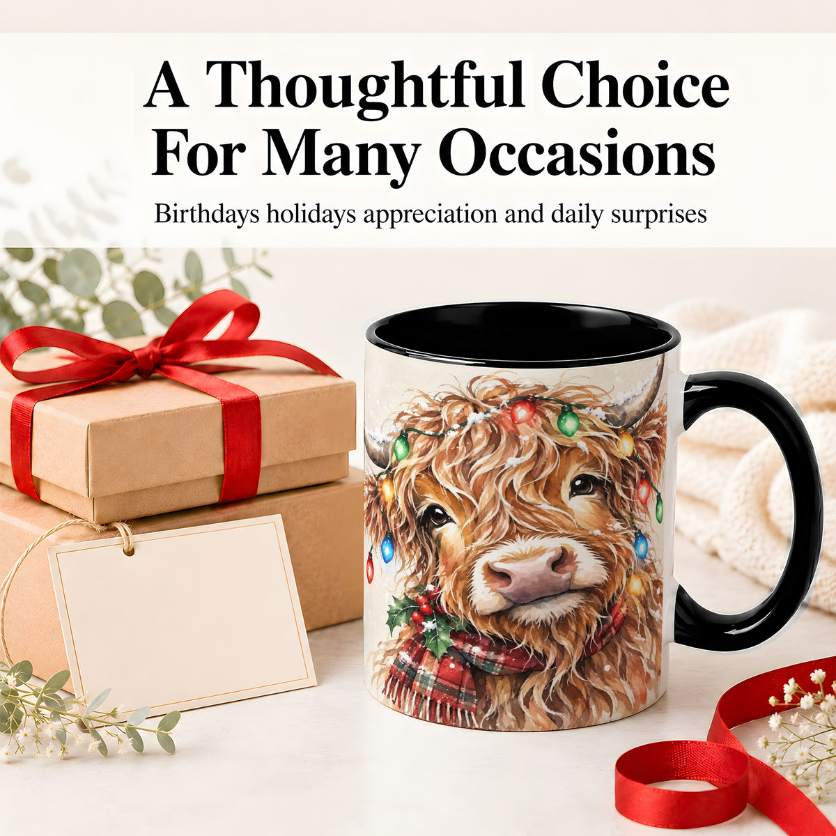 #pl[11oz|Black] Christmas Highland Cow Accent Mug, Watercolor Holiday Art