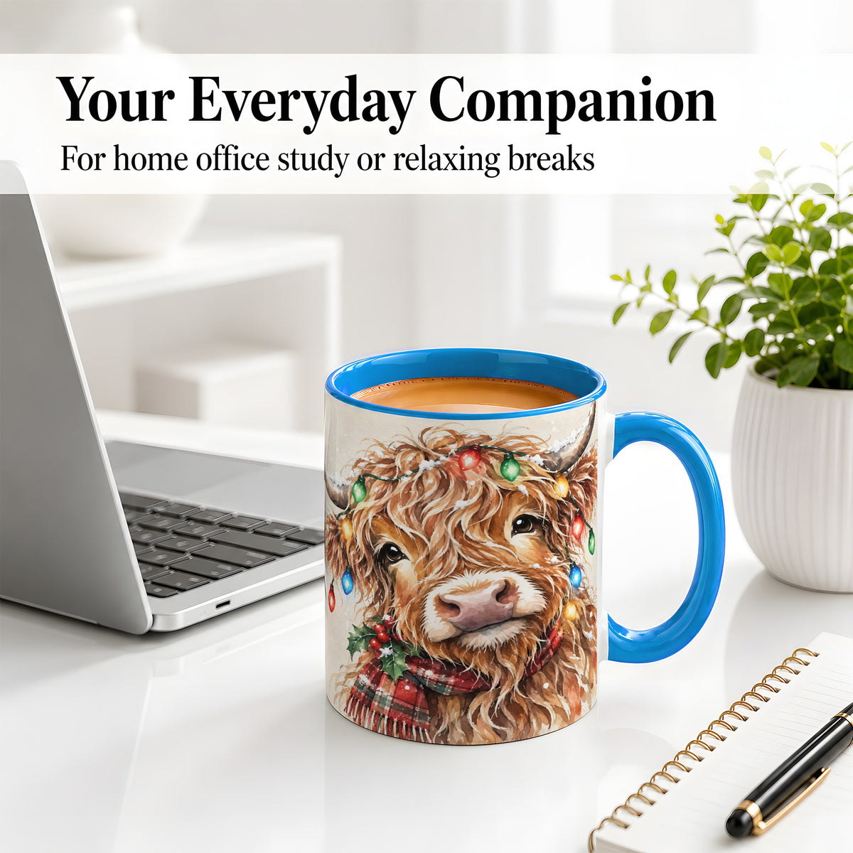 #pl[11oz|Blue] Christmas Highland Cow Accent Mug, Watercolor Holiday Art