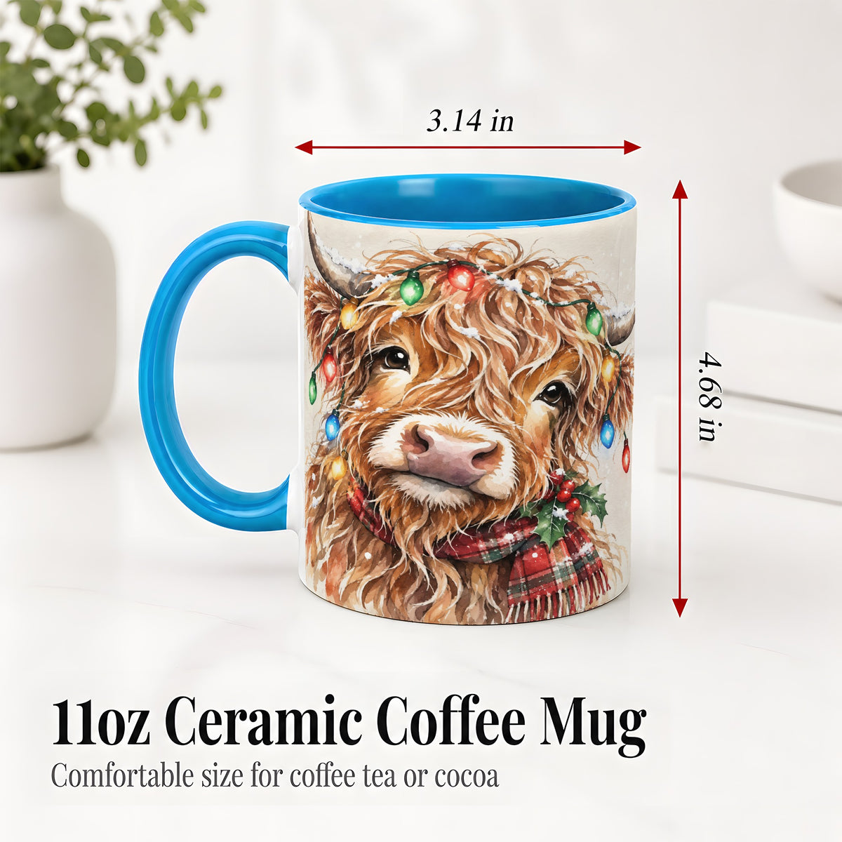 #pl[11oz|Blue] Christmas Highland Cow Accent Mug, Watercolor Holiday Art