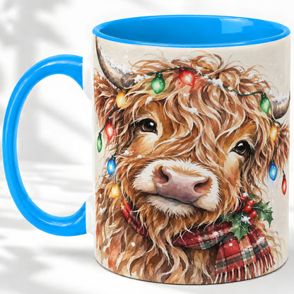 #pl[11oz|Blue] Christmas Highland Cow Accent Mug, Watercolor Holiday Art