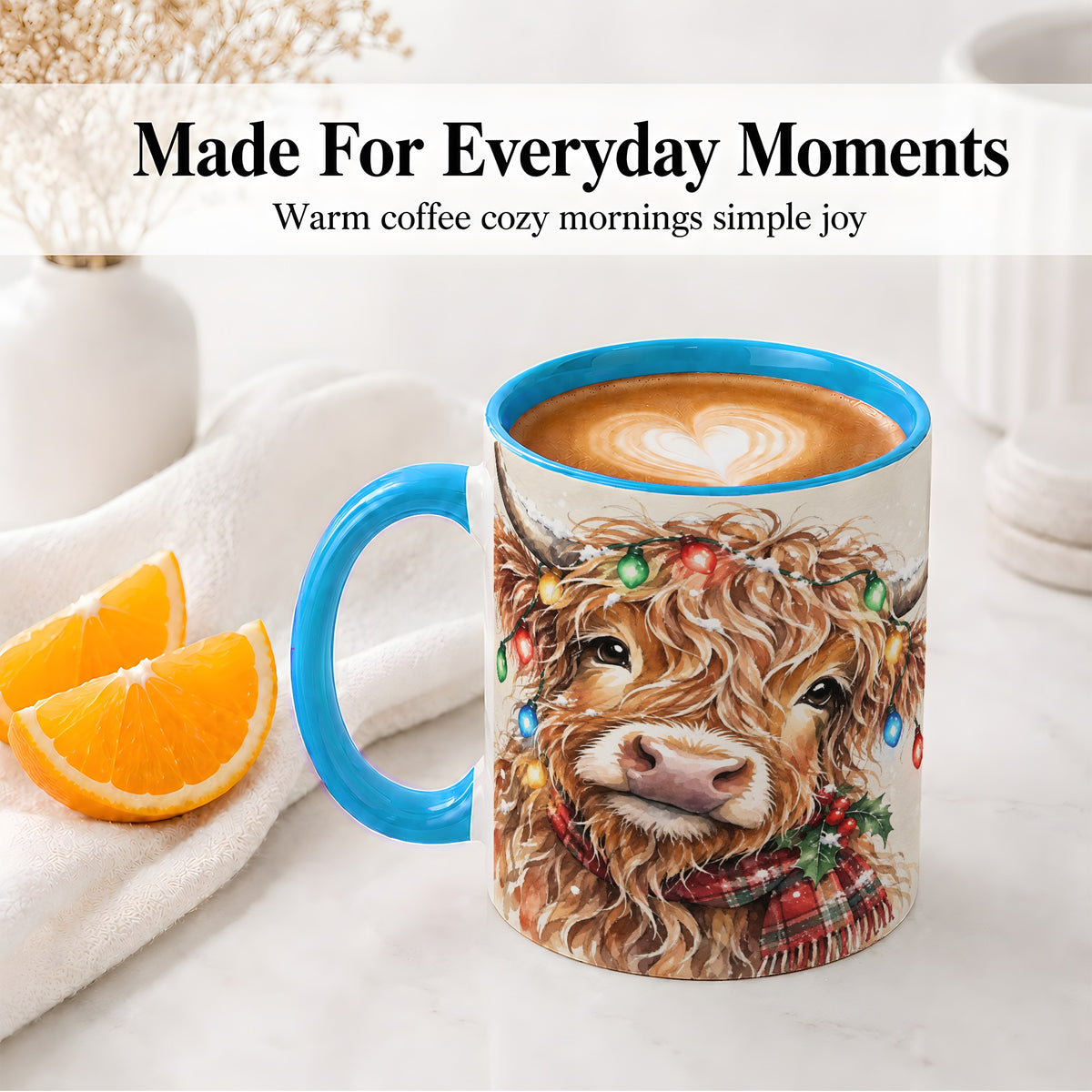 #pl[11oz|Blue] Christmas Highland Cow Accent Mug, Watercolor Holiday Art