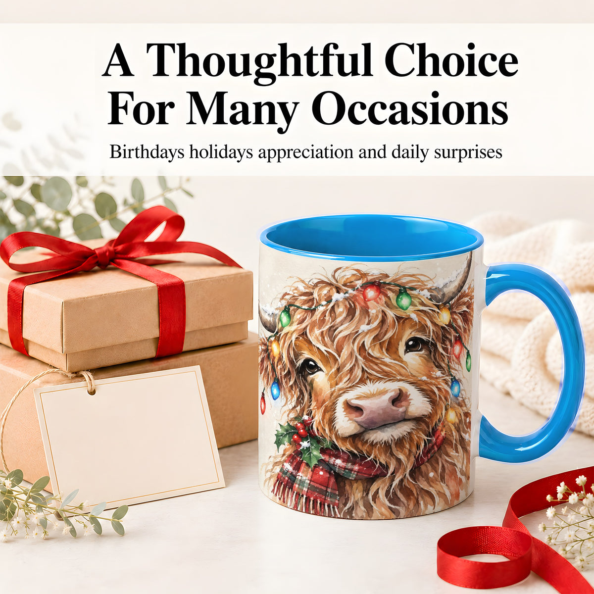 #pl[11oz|Blue] Christmas Highland Cow Accent Mug, Watercolor Holiday Art
