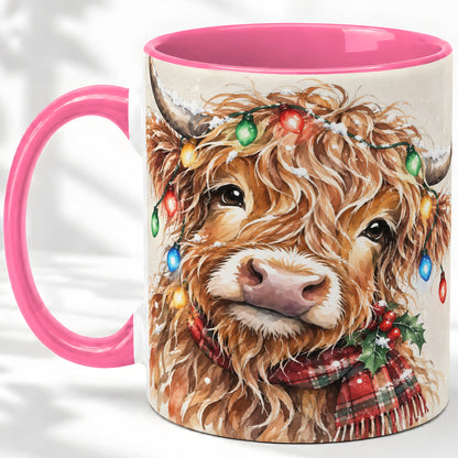#pl[11oz|Pink] Christmas Highland Cow Accent Mug, Watercolor Holiday Art