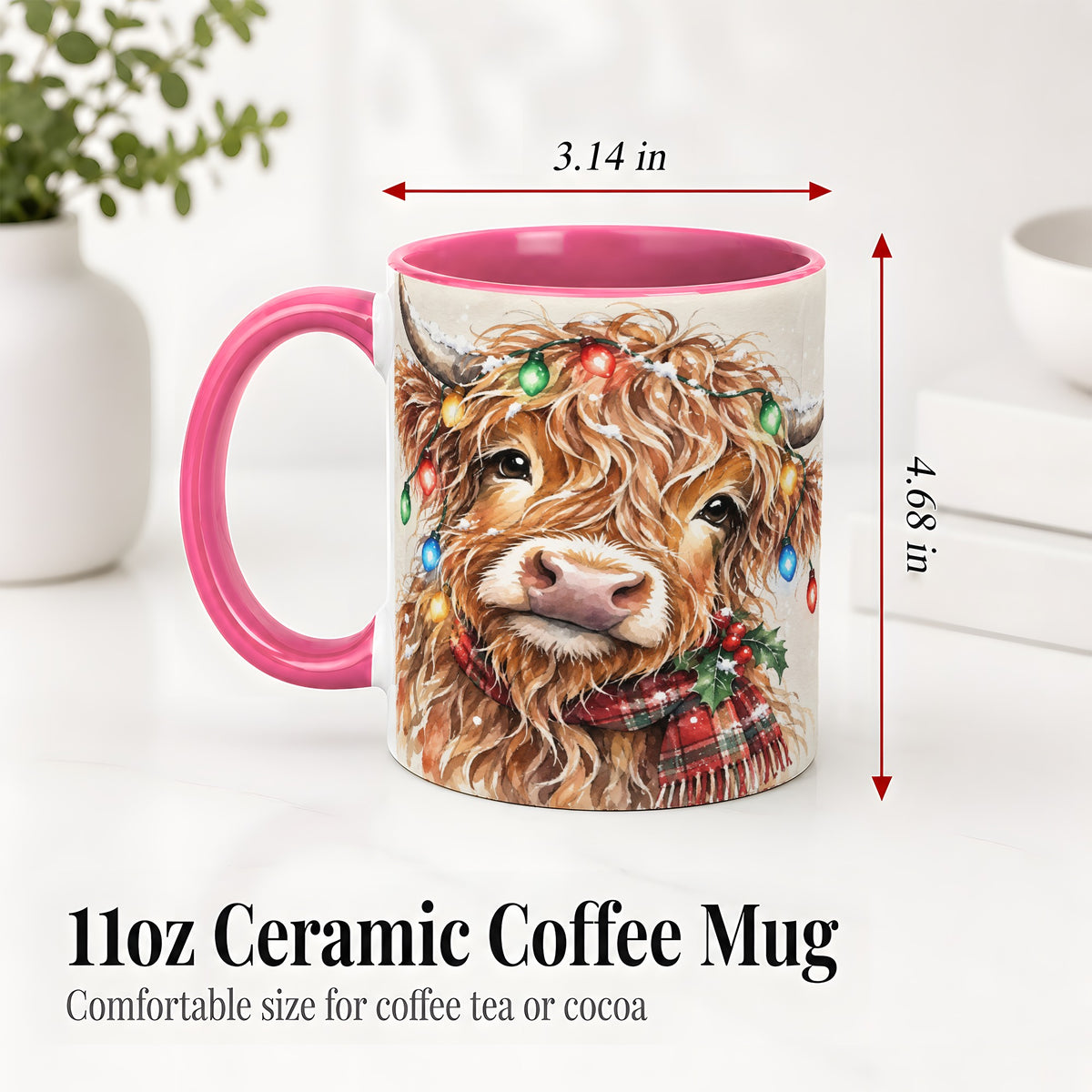 #pl[11oz|Pink] Christmas Highland Cow Accent Mug, Watercolor Holiday Art