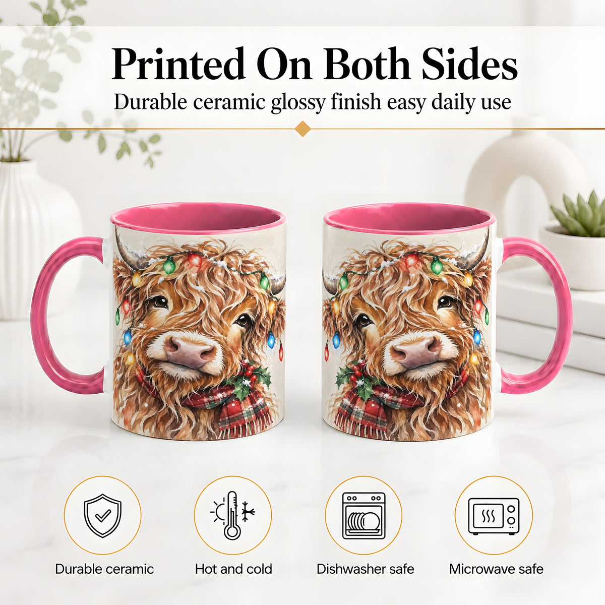 #pl[11oz|Pink] Christmas Highland Cow Accent Mug, Watercolor Holiday Art