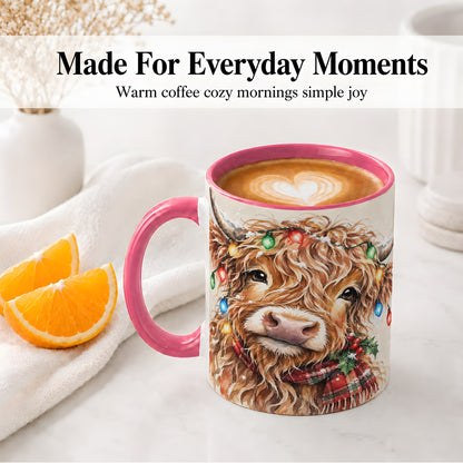 #pl[11oz|Pink] Christmas Highland Cow Accent Mug, Watercolor Holiday Art