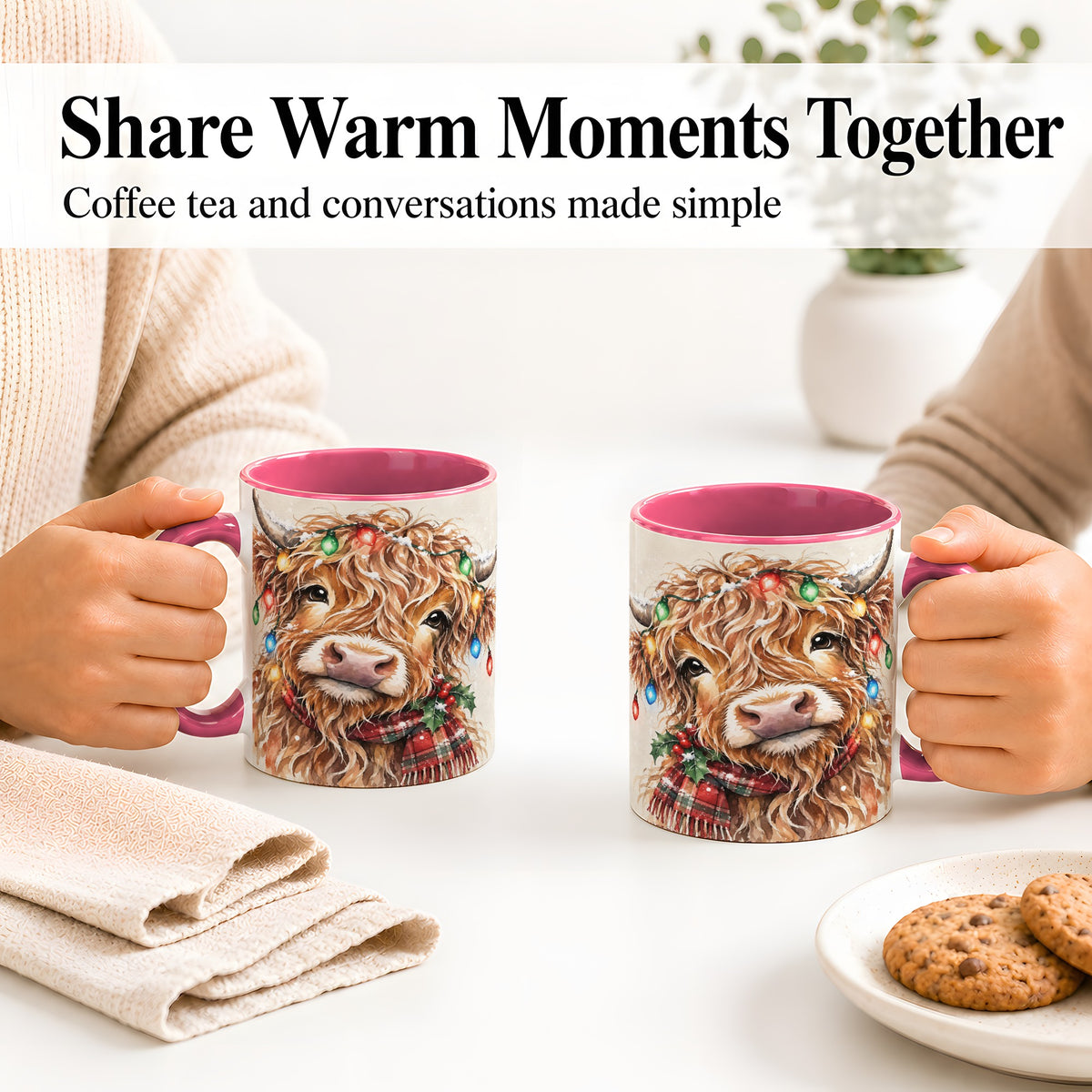 #pl[11oz|Pink] Christmas Highland Cow Accent Mug, Watercolor Holiday Art