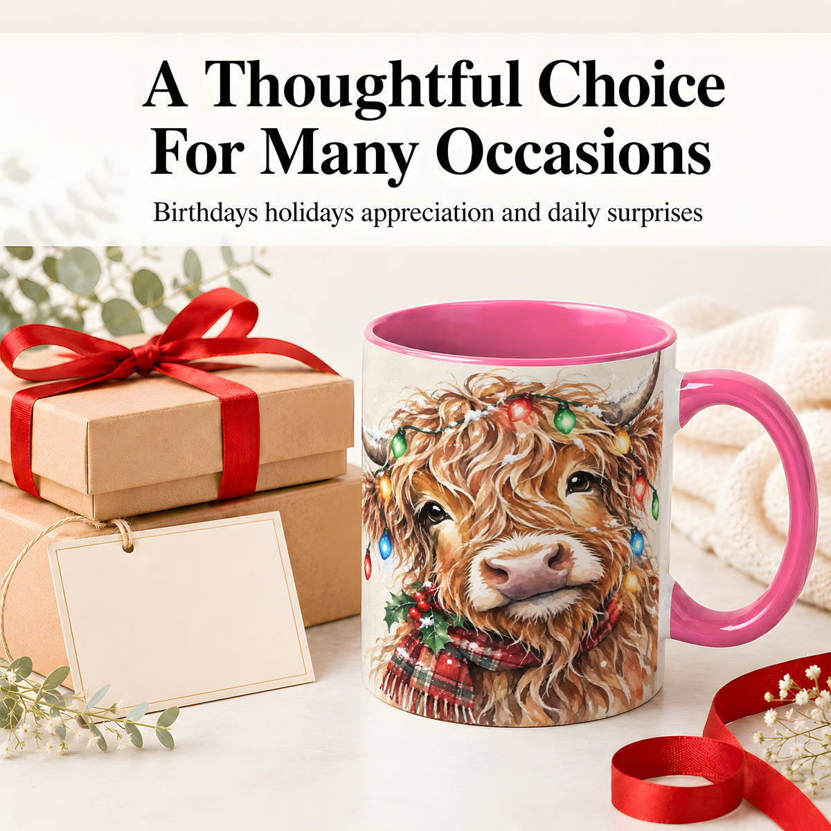 #pl[11oz|Pink] Christmas Highland Cow Accent Mug, Watercolor Holiday Art