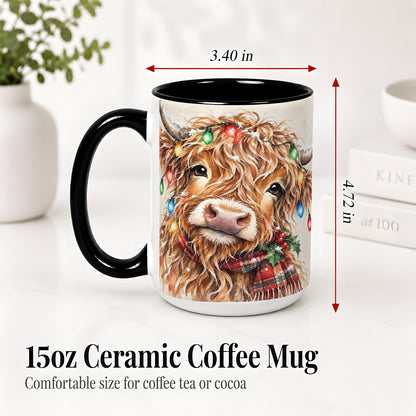 #pl[15oz|Black] Christmas Highland Cow Accent Mug, Watercolor Holiday Art