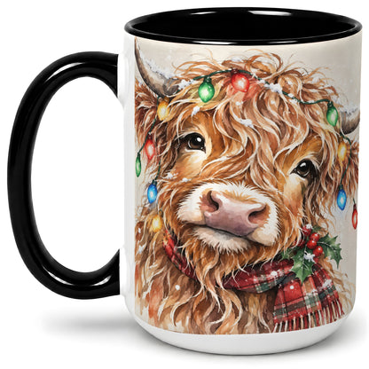 #pl[15oz|Black] Christmas Highland Cow Accent Mug, Watercolor Holiday Art