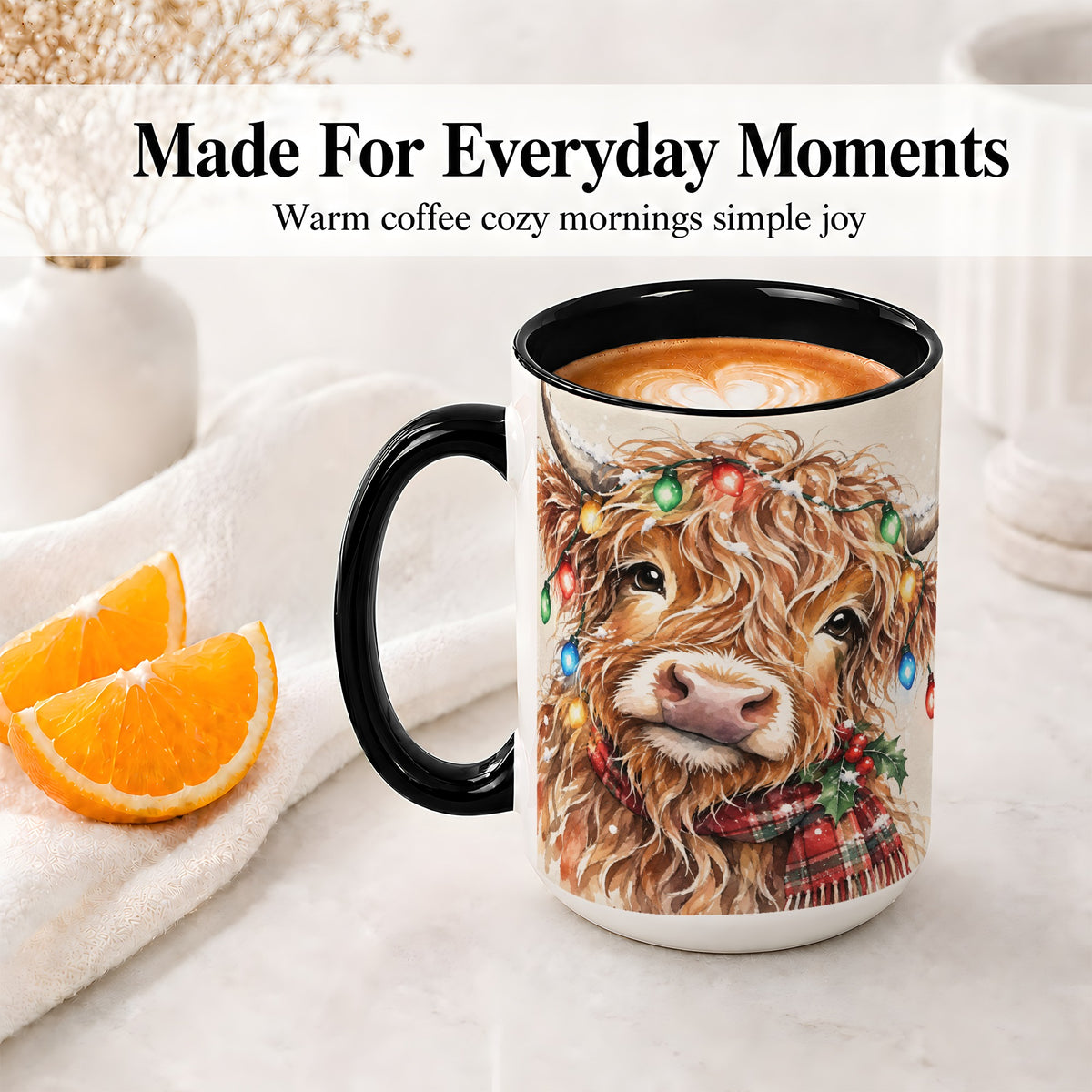 #pl[15oz|Black] Christmas Highland Cow Accent Mug, Watercolor Holiday Art