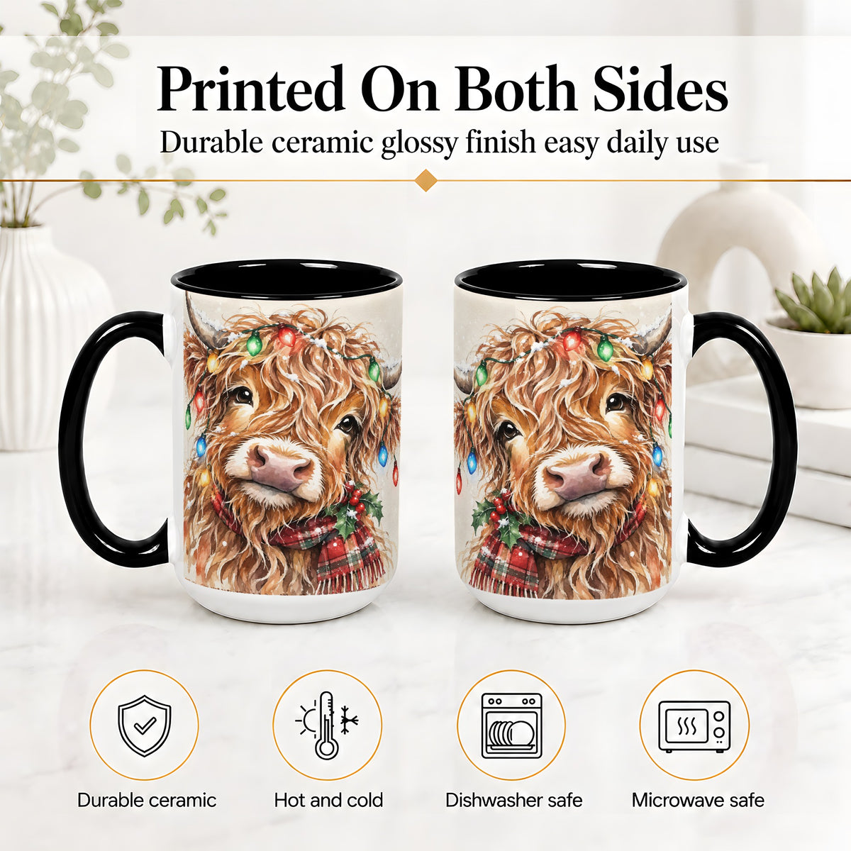 #pl[15oz|Black] Christmas Highland Cow Accent Mug, Watercolor Holiday Art