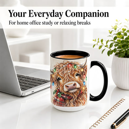 #pl[15oz|Black] Christmas Highland Cow Accent Mug, Watercolor Holiday Art