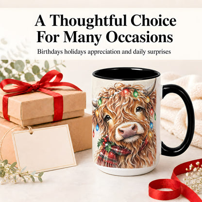 #pl[15oz|Black] Christmas Highland Cow Accent Mug, Watercolor Holiday Art