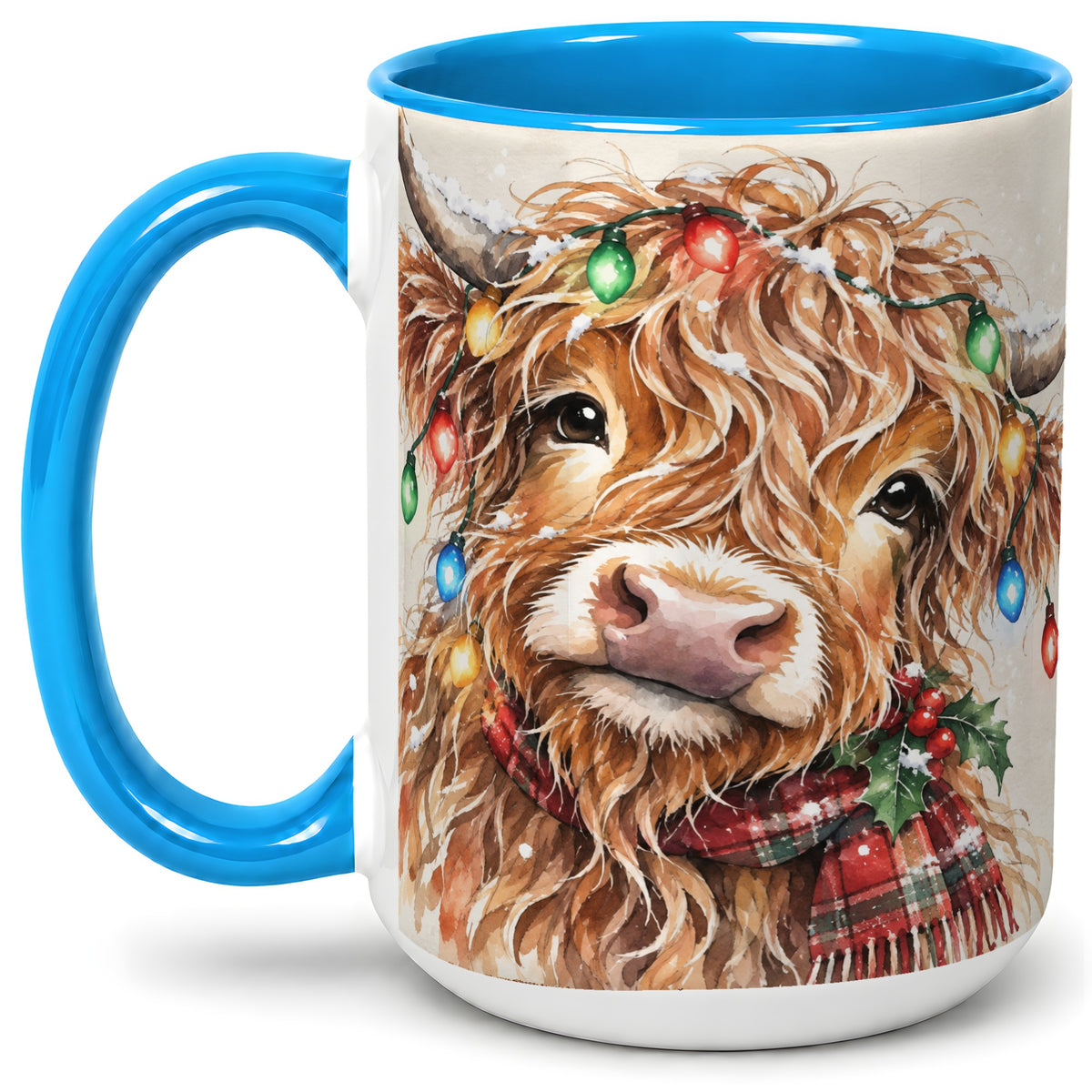 #pl[15oz|Blue] Christmas Highland Cow Accent Mug, Watercolor Holiday Art