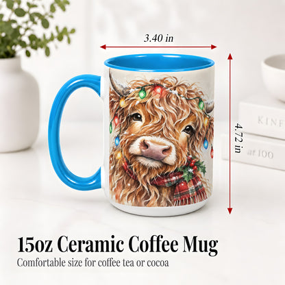 #pl[15oz|Blue] Christmas Highland Cow Accent Mug, Watercolor Holiday Art