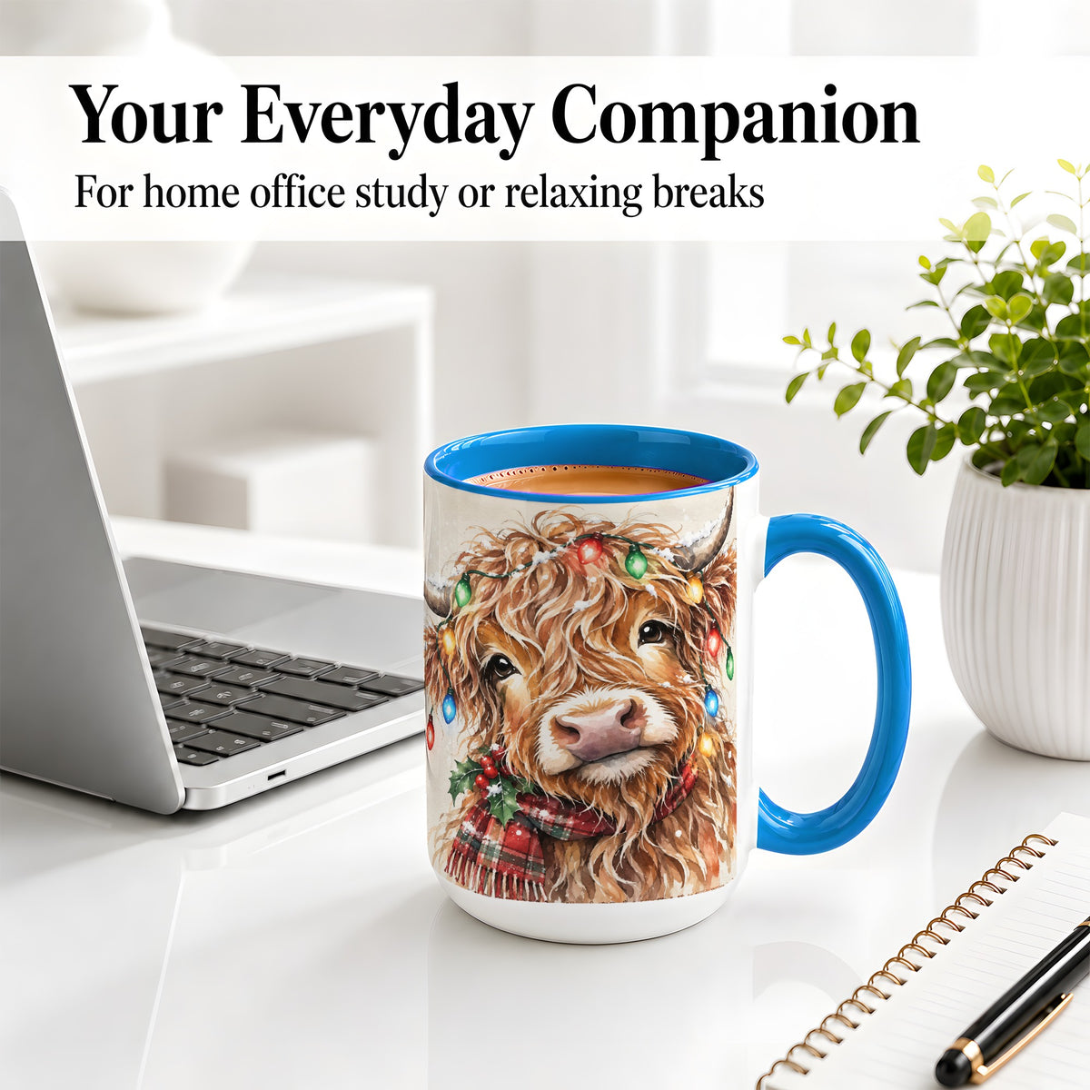 #pl[15oz|Blue] Christmas Highland Cow Accent Mug, Watercolor Holiday Art