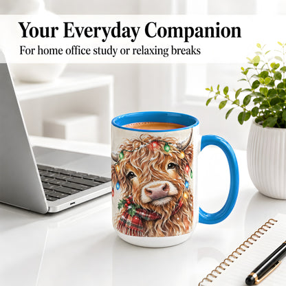 #pl[15oz|Blue] Christmas Highland Cow Accent Mug, Watercolor Holiday Art
