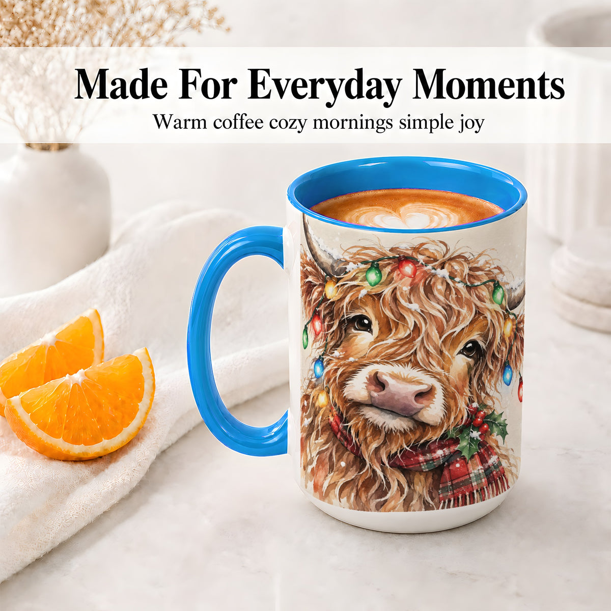 #pl[15oz|Blue] Christmas Highland Cow Accent Mug, Watercolor Holiday Art