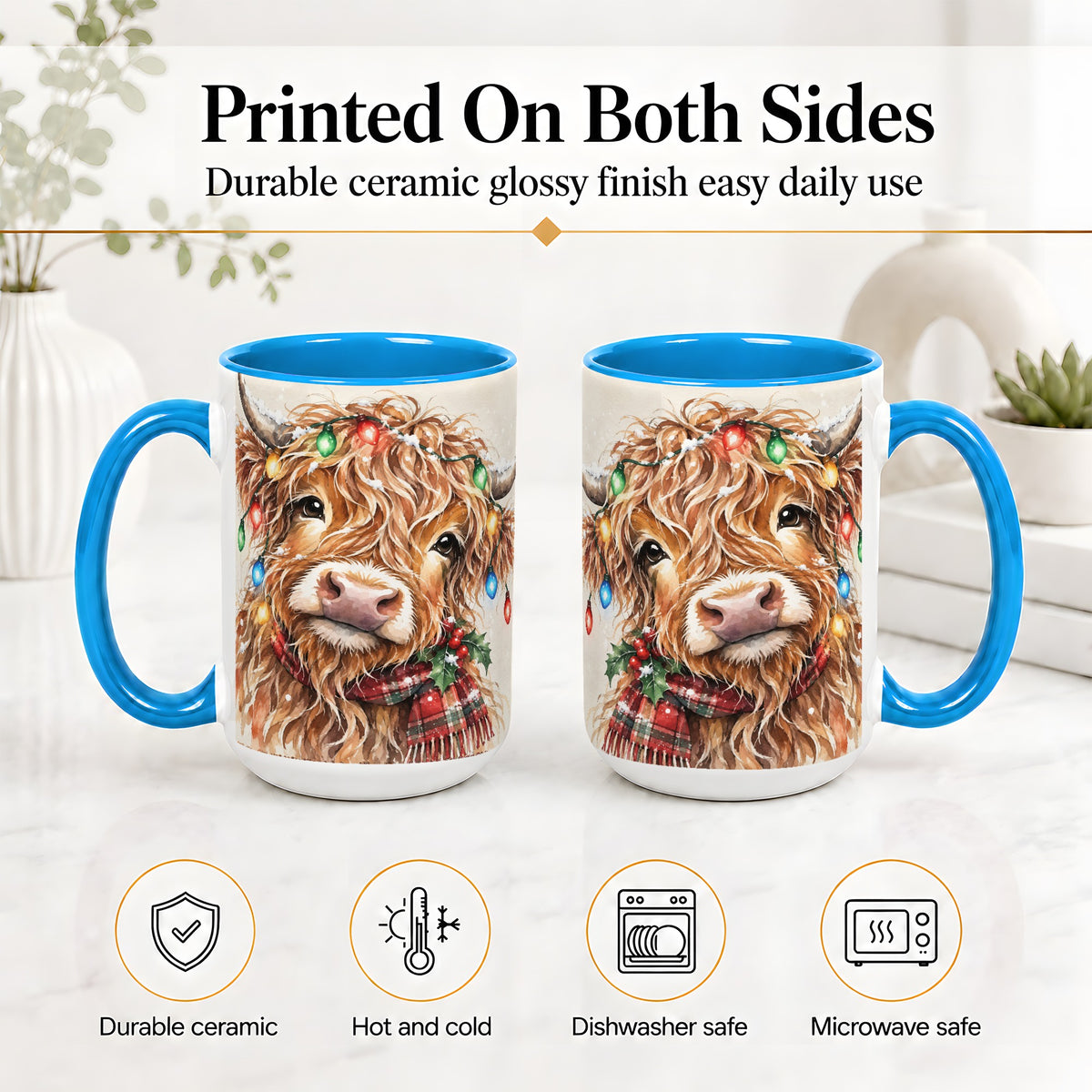 #pl[15oz|Blue] Christmas Highland Cow Accent Mug, Watercolor Holiday Art