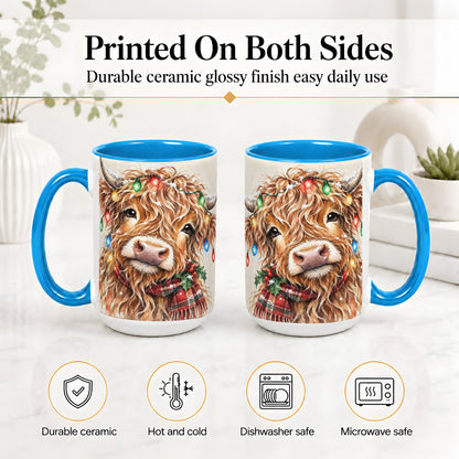 #pl[15oz|Blue] Christmas Highland Cow Accent Mug, Watercolor Holiday Art