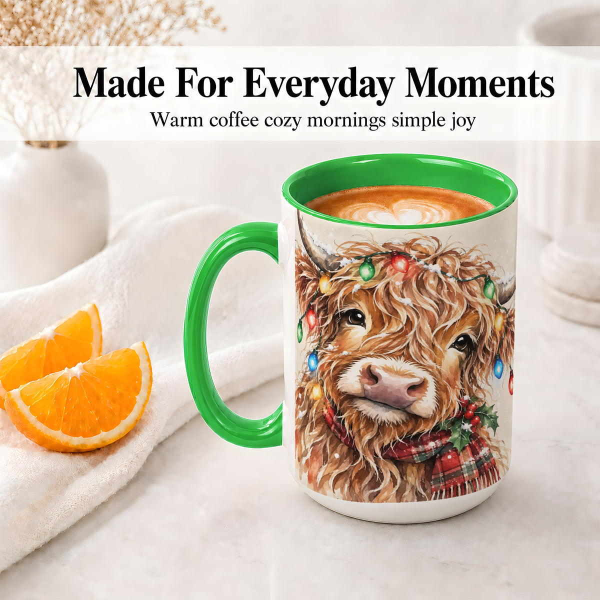 #pl[15oz|Green] Christmas Highland Cow Accent Mug, Watercolor Holiday Art
