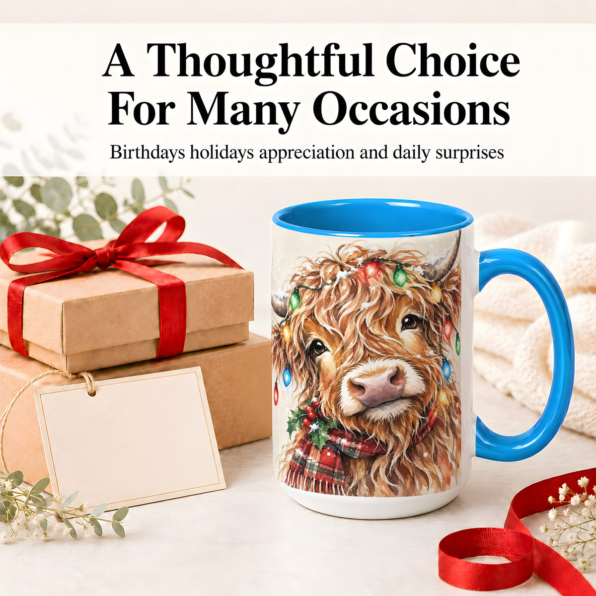 #pl[15oz|Blue] Christmas Highland Cow Accent Mug, Watercolor Holiday Art