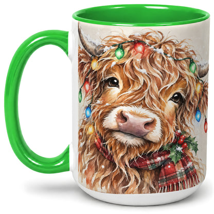 #pl[15oz|Green] Christmas Highland Cow Accent Mug, Watercolor Holiday Art