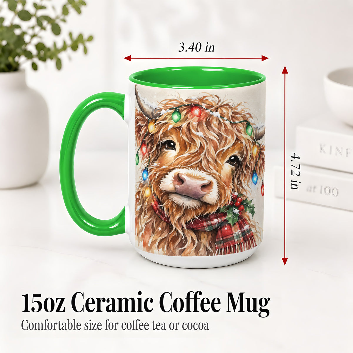 #pl[15oz|Green] Christmas Highland Cow Accent Mug, Watercolor Holiday Art