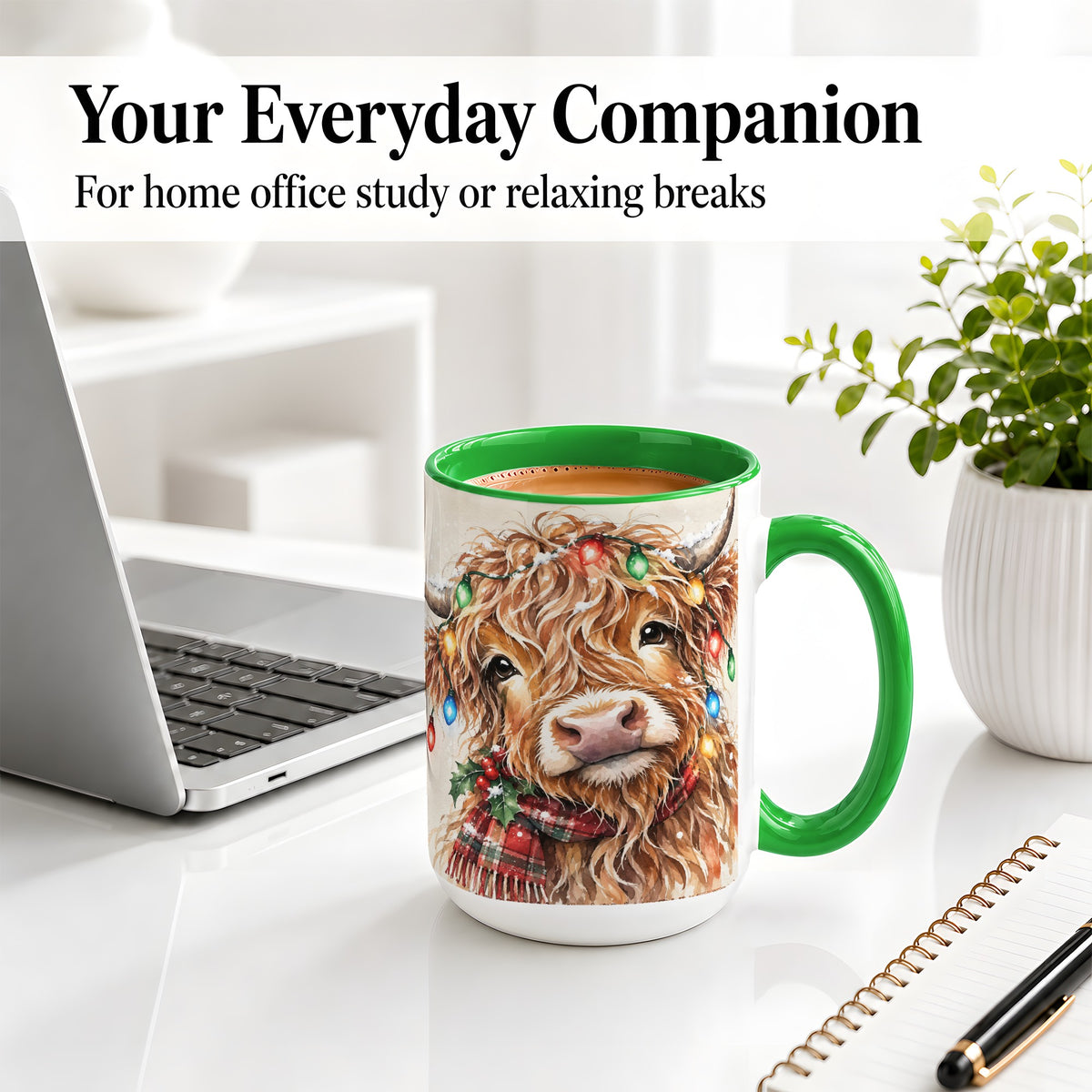 #pl[15oz|Green] Christmas Highland Cow Accent Mug, Watercolor Holiday Art