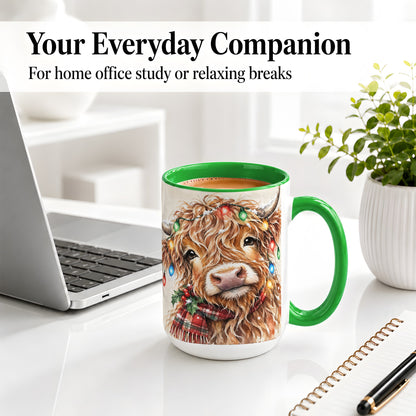 #pl[15oz|Green] Christmas Highland Cow Accent Mug, Watercolor Holiday Art
