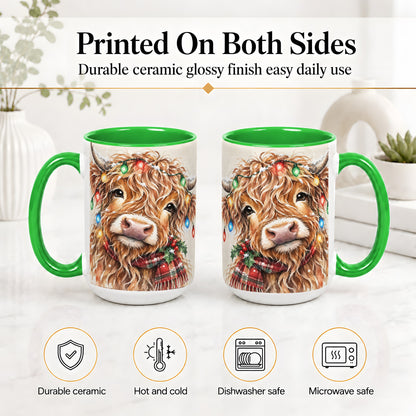 #pl[15oz|Green] Christmas Highland Cow Accent Mug, Watercolor Holiday Art