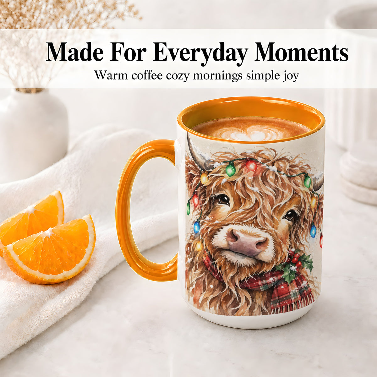 #pl[15oz|Orange] Christmas Highland Cow Accent Mug, Watercolor Holiday Art