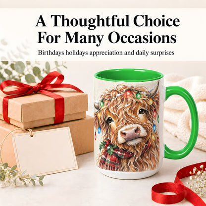 #pl[15oz|Green] Christmas Highland Cow Accent Mug, Watercolor Holiday Art