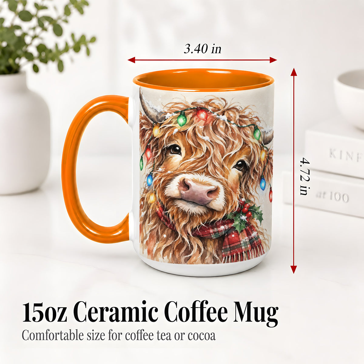 #pl[15oz|Orange] Christmas Highland Cow Accent Mug, Watercolor Holiday Art