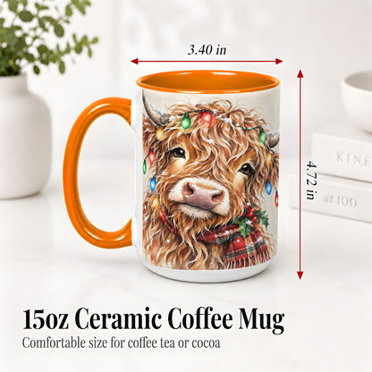 #pl[15oz|Orange] Christmas Highland Cow Accent Mug, Watercolor Holiday Art