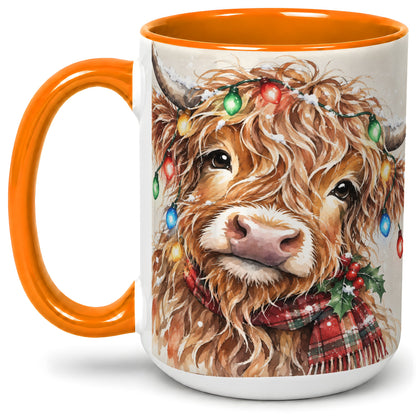 #pl[15oz|Orange] Christmas Highland Cow Accent Mug, Watercolor Holiday Art