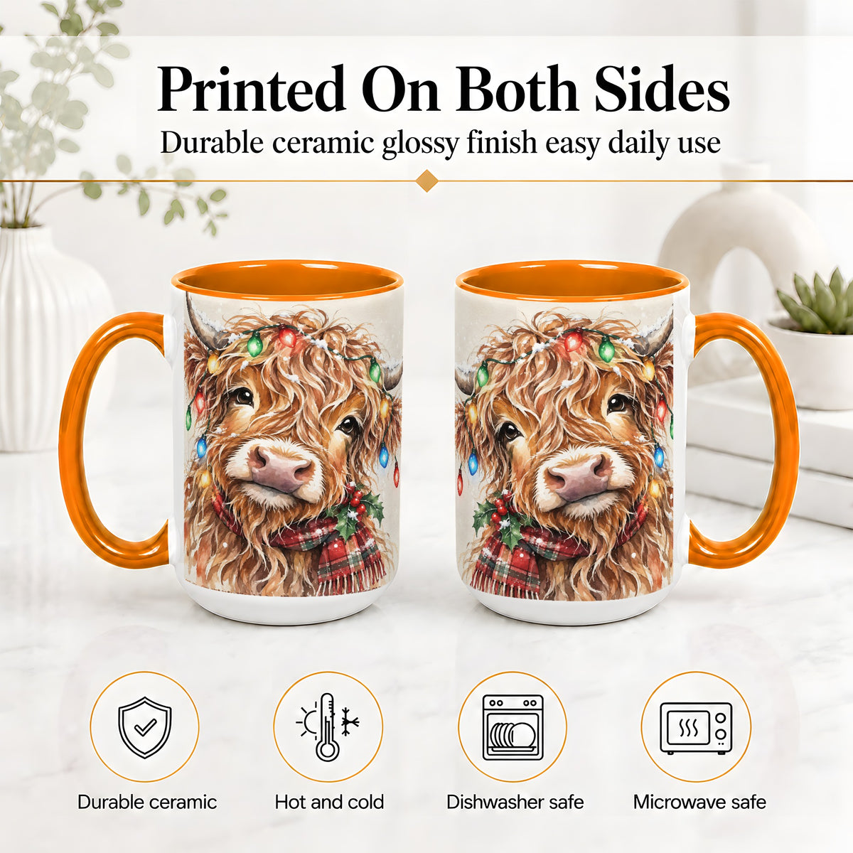 #pl[15oz|Orange] Christmas Highland Cow Accent Mug, Watercolor Holiday Art