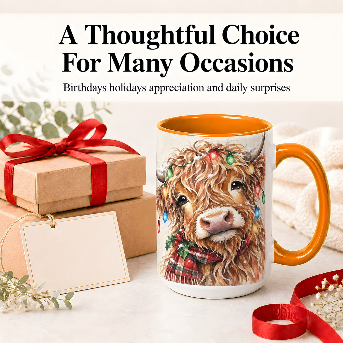 #pl[15oz|Orange] Christmas Highland Cow Accent Mug, Watercolor Holiday Art