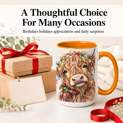 #pl[15oz|Orange] Christmas Highland Cow Accent Mug, Watercolor Holiday Art