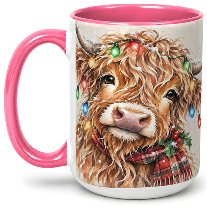 #pl[15oz|Pink] Christmas Highland Cow Accent Mug, Watercolor Holiday Art