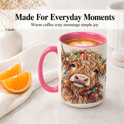 #pl[15oz|Pink] Christmas Highland Cow Accent Mug, Watercolor Holiday Art