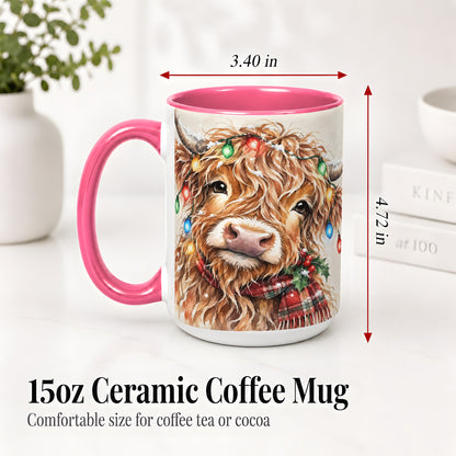 #pl[15oz|Pink] Christmas Highland Cow Accent Mug, Watercolor Holiday Art