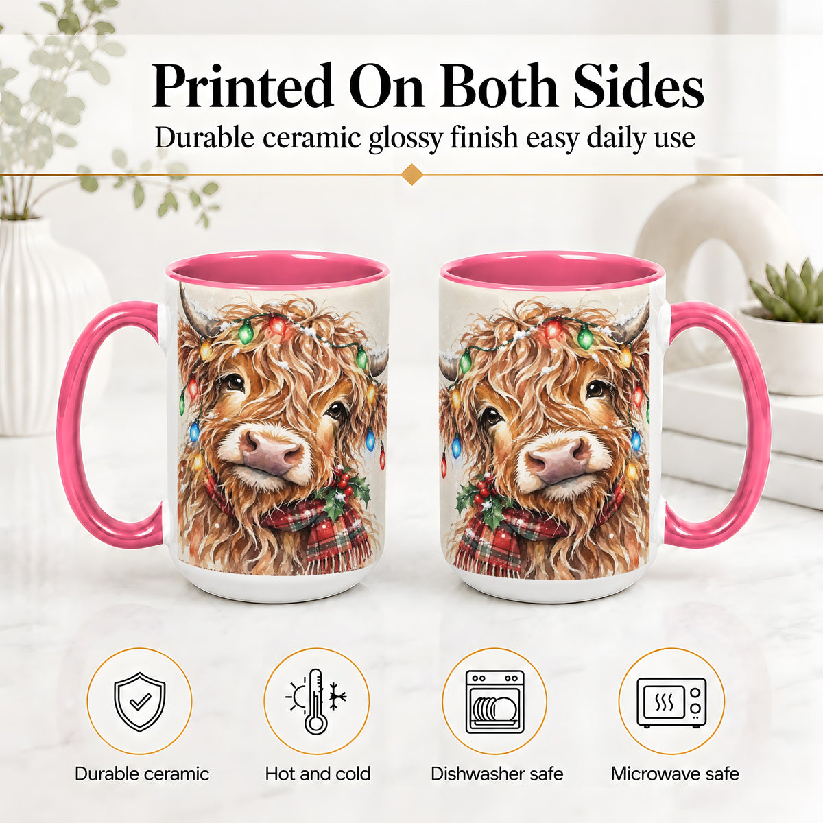 #pl[15oz|Pink] Christmas Highland Cow Accent Mug, Watercolor Holiday Art