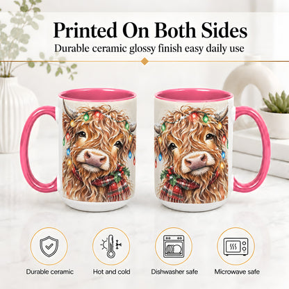 #pl[15oz|Pink] Christmas Highland Cow Accent Mug, Watercolor Holiday Art