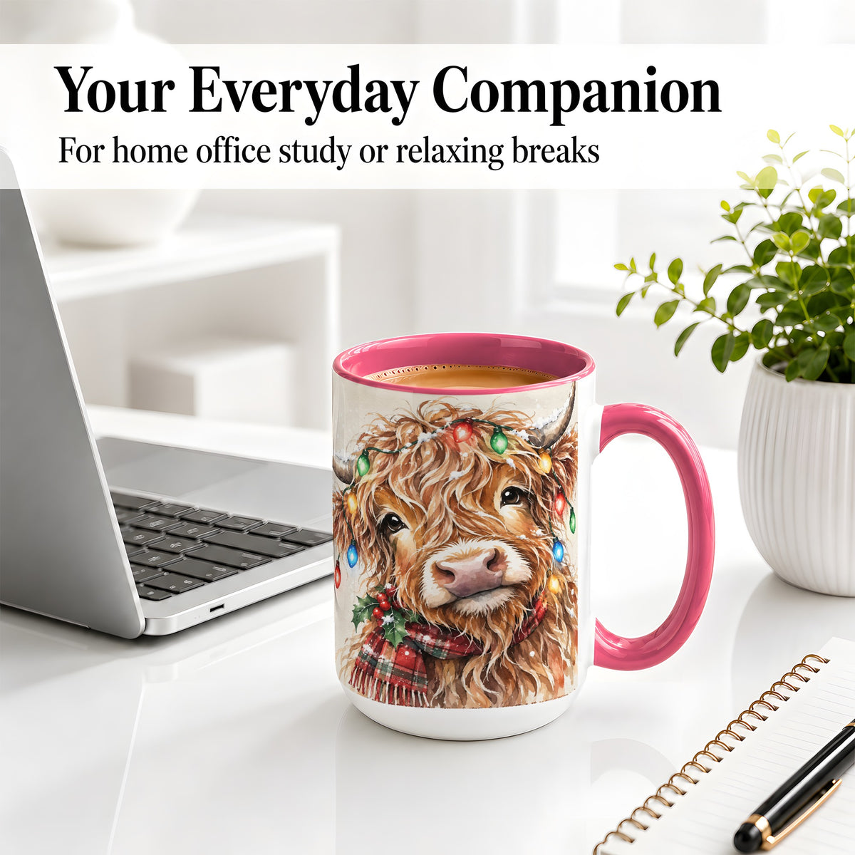 #pl[15oz|Pink] Christmas Highland Cow Accent Mug, Watercolor Holiday Art