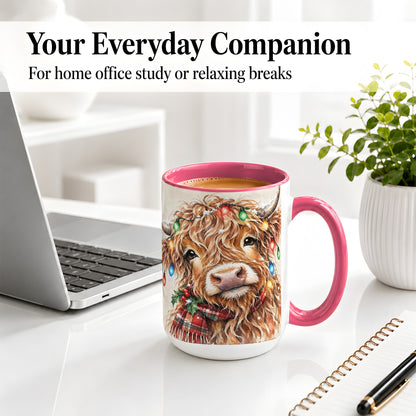 #pl[15oz|Pink] Christmas Highland Cow Accent Mug, Watercolor Holiday Art